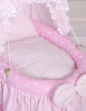 Load image into Gallery viewer, Pink Polka wicker dolls Moses basket