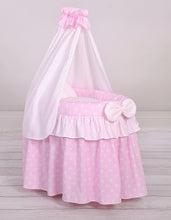 Load image into Gallery viewer, Pink polka drape wicker dolls Moses basket