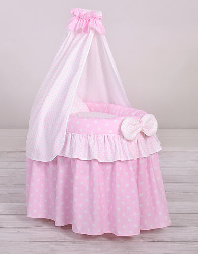 Pink polka drape wicker dolls Moses basket