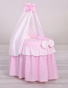 Pink polka drape wicker dolls Moses basket