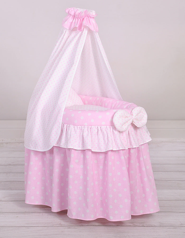 Pink polka drape wicker dolls Moses basket
