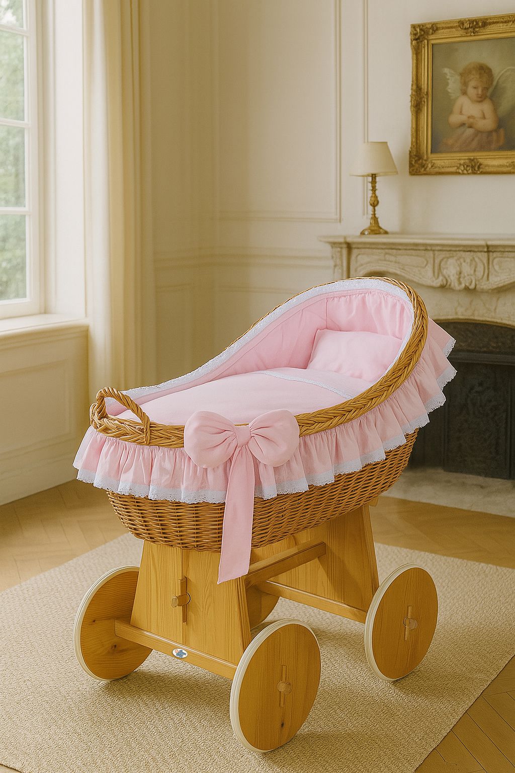 Pink Bow Natural Wicker Bassinet