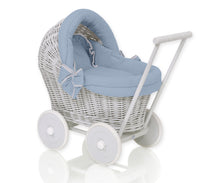Load image into Gallery viewer, Firm Pastel Blue, Grey Wicker dolls pram