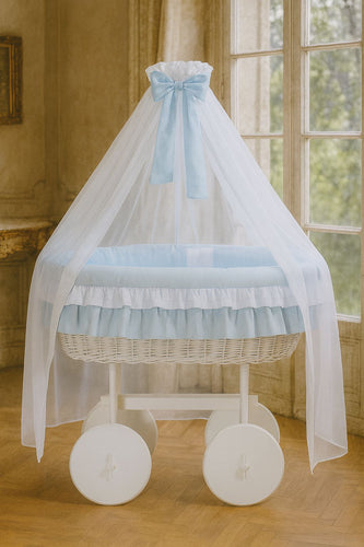 Blue Bow Wicker Bassinet