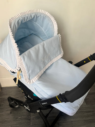 Blue & White pique Frill Car Seat Set
