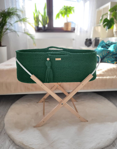 Bottle Green Crochet Moses Basket with stand
