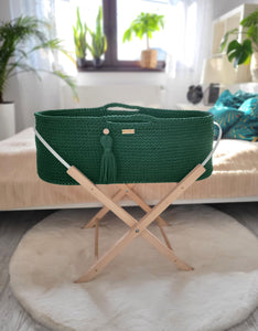 Bottle Green Crochet Moses Basket with stand