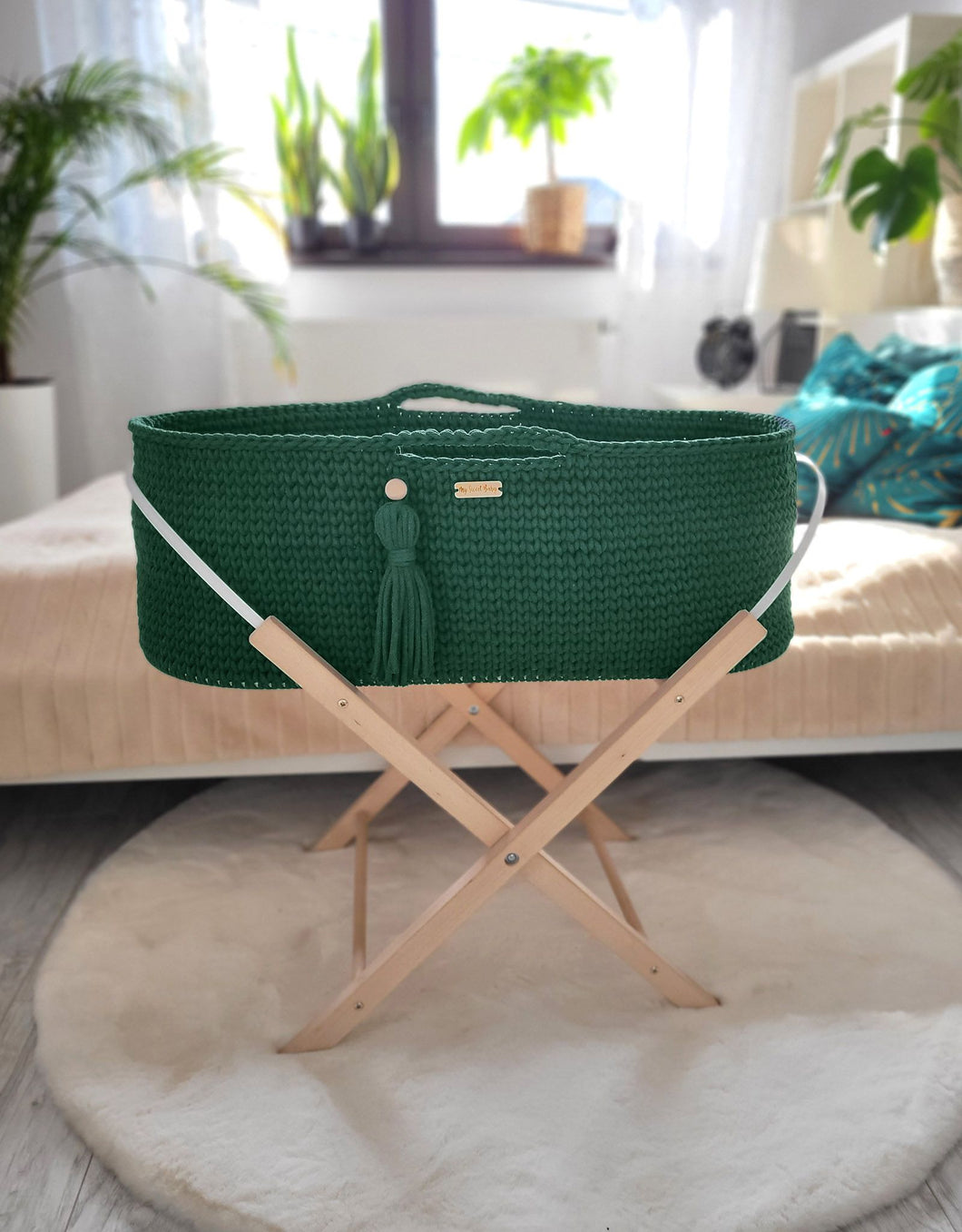 Bottle Green Crochet Moses Basket with stand