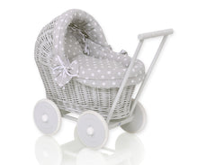 Load image into Gallery viewer, Grey Polka Firm, Grey Wicker dolls pram