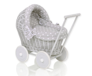 Grey Polka Firm, Grey Wicker dolls pram