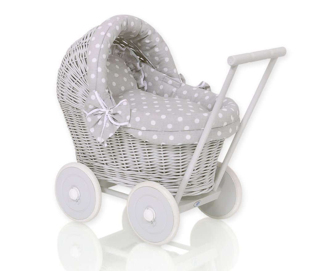Grey Polka Firm, Grey Wicker dolls pram