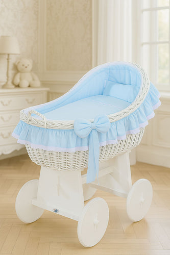 Blue Bow Wicker Bassinet