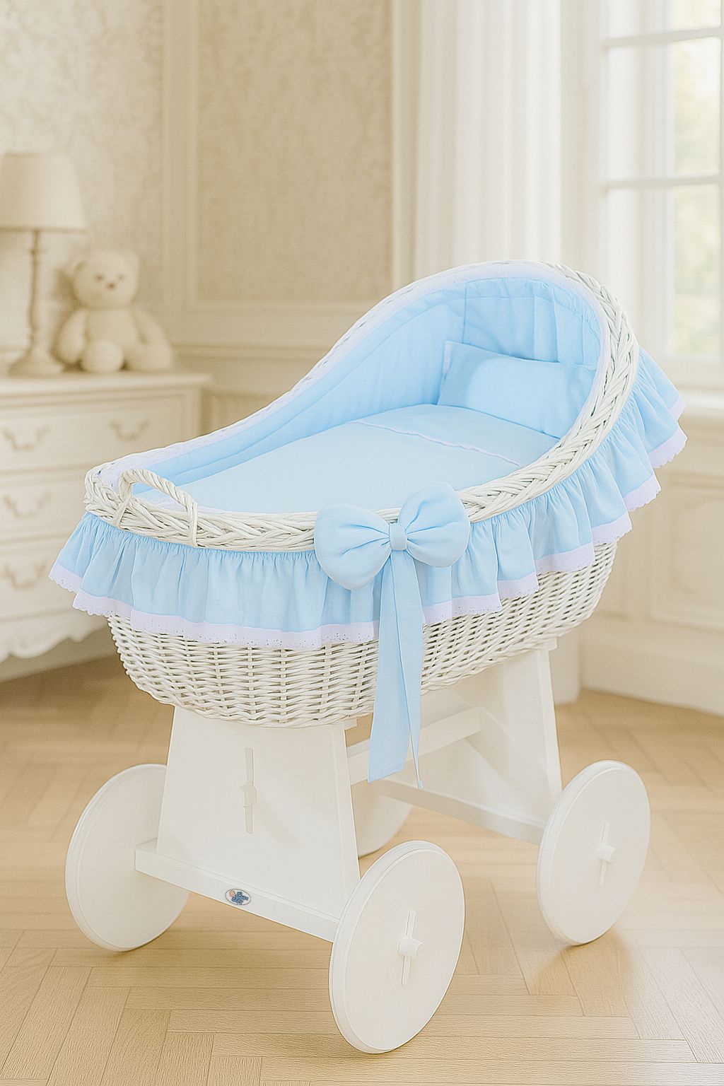 Blue Bow Wicker Bassinet