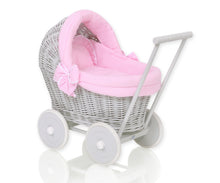 Load image into Gallery viewer, Firm Pink , Grey Wicker dolls pram