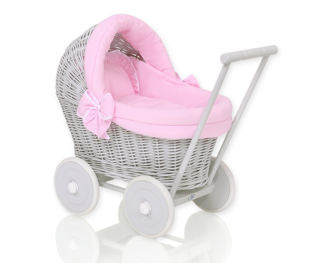 Firm Pink , Grey Wicker dolls pram