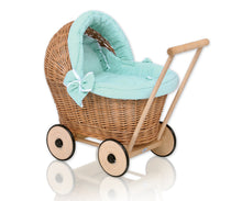 Load image into Gallery viewer, Firm Mint Polka, Natural Wicker dolls pram