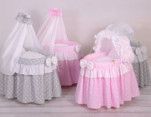 Load image into Gallery viewer, Grey polka drape wicker dolls Moses basket