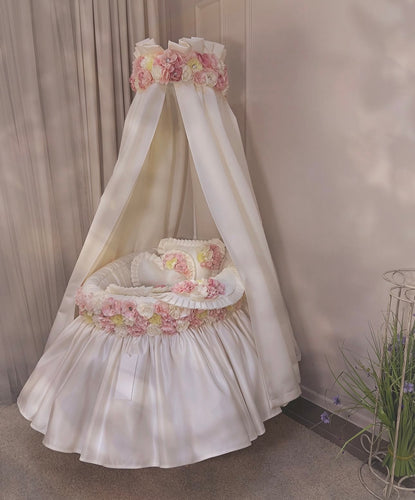 Cream & pink flower luxury full bassinet set