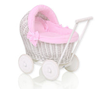Load image into Gallery viewer, Firm Pink White Wicker dolls pram