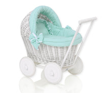 Load image into Gallery viewer, Firm Mint Polka White Wicker dolls pram