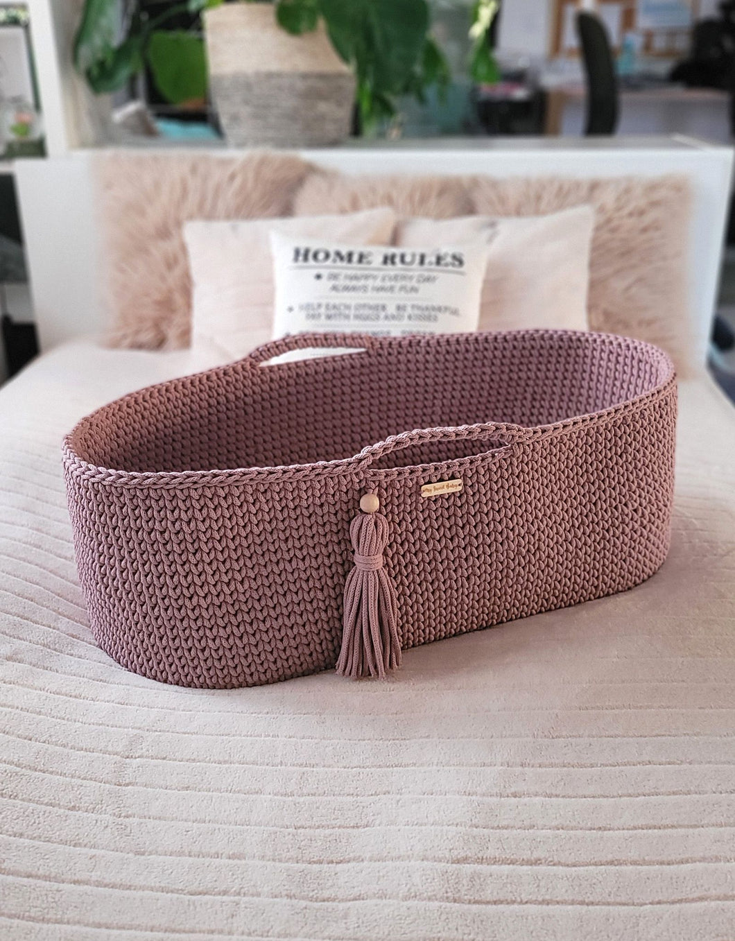 Mauve Crochet Moses Basket with stand