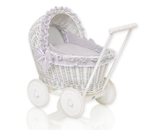 Load image into Gallery viewer, Grey Frill White Wicker dolls pram