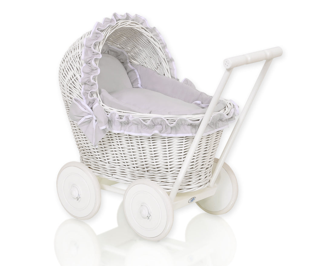 Grey Frill White Wicker dolls pram