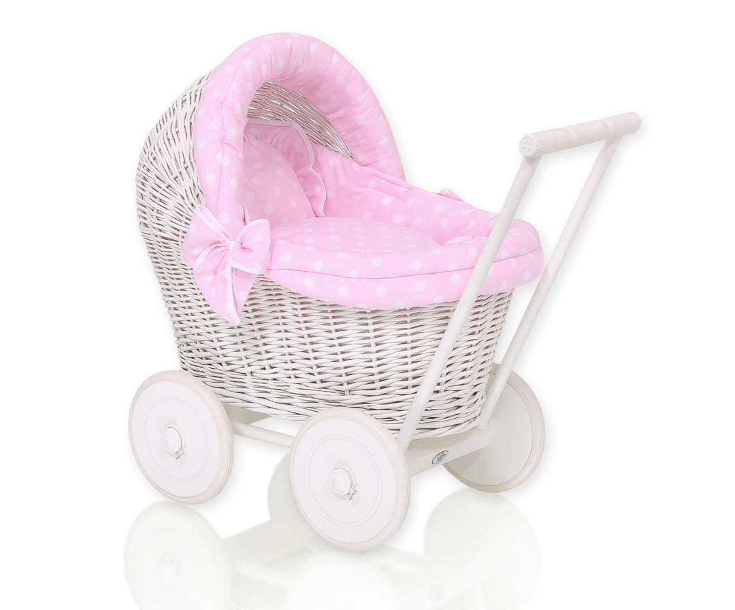 Firm Pink Polka White Wicker dolls pram