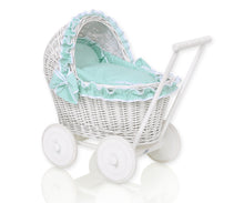Load image into Gallery viewer, Mint Polka Frill White Wicker dolls pram