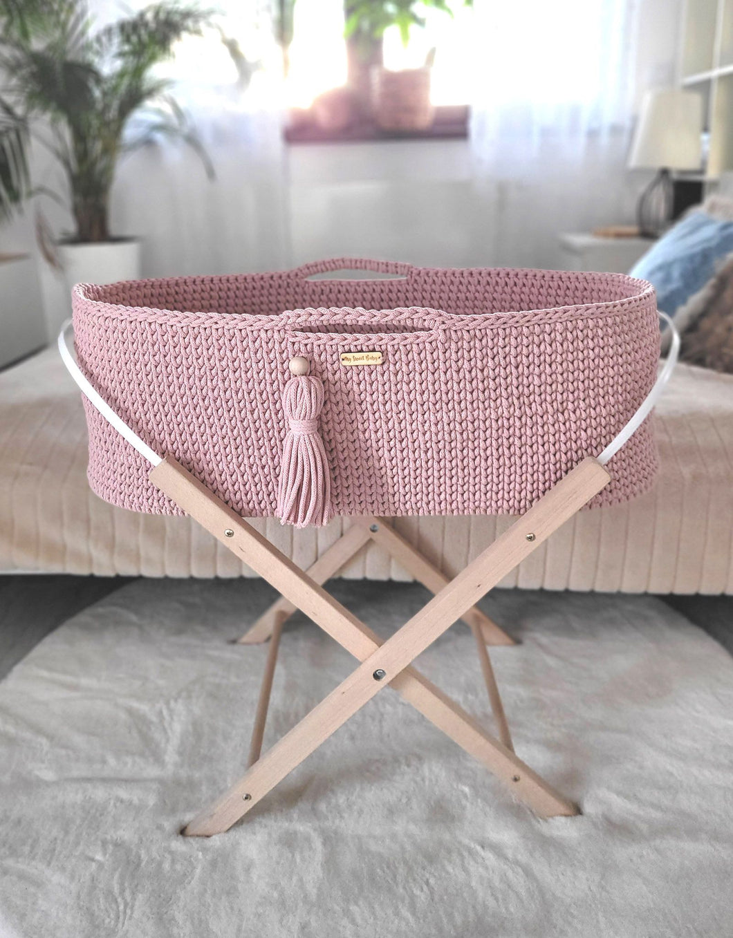 Pastel Pink Crochet Moses Basket with stand