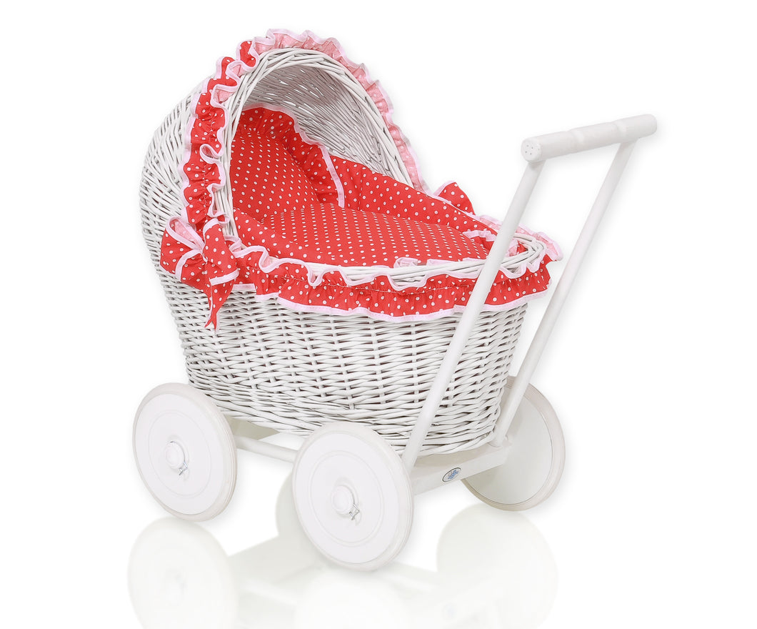 Red Polka Frill White Wicker dolls pram