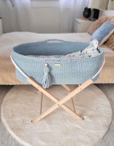 Misty Blue Crochet Moses Basket with stand