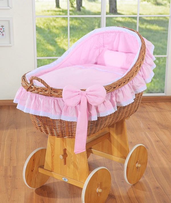 Pink Bow Natural Wicker Bassinet