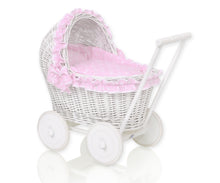Load image into Gallery viewer, Pink Polka Frill White Wicker dolls pram