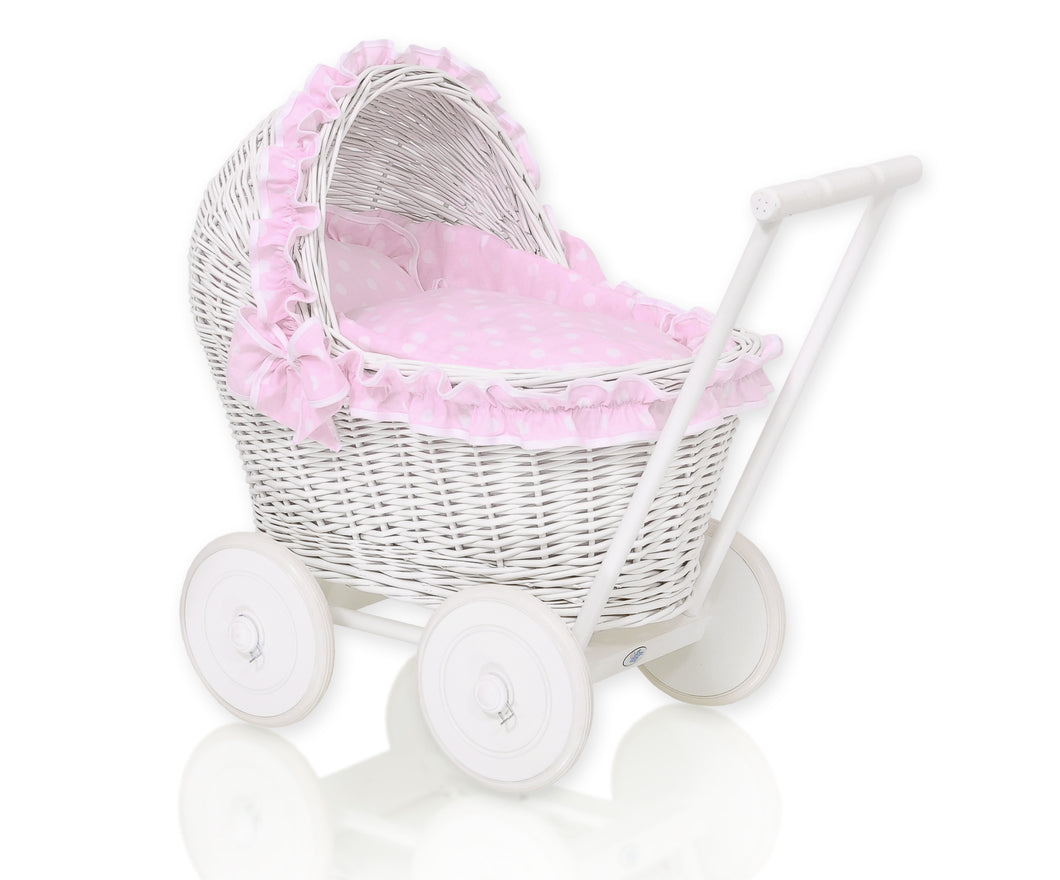 Pink Polka Frill White Wicker dolls pram