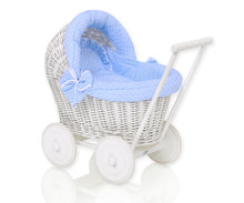 Load image into Gallery viewer, Firm Blue Polka White Wicker dolls pram