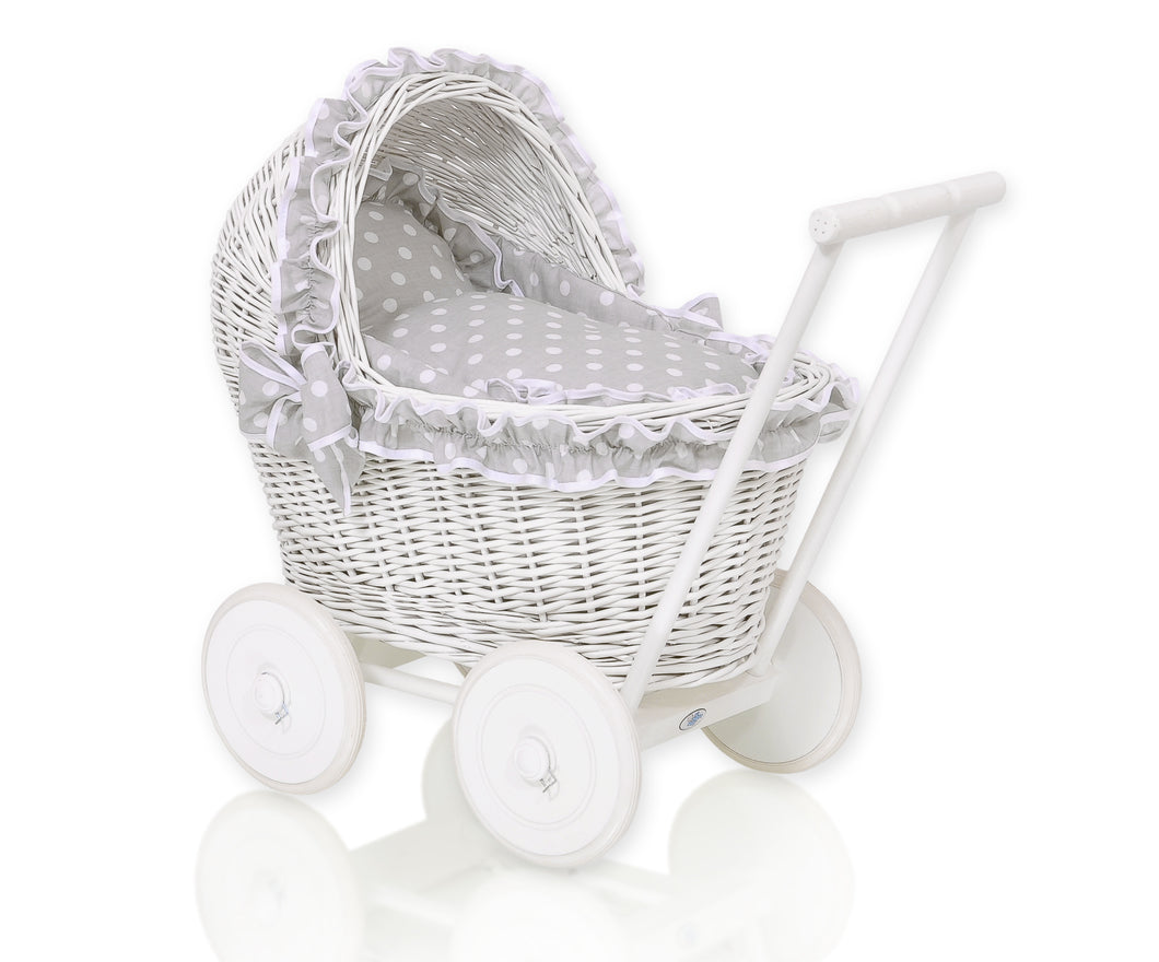 Grey Polka Frill White Wicker dolls pram
