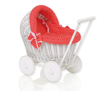 Load image into Gallery viewer, Firm Red Polka White Wicker dolls pram