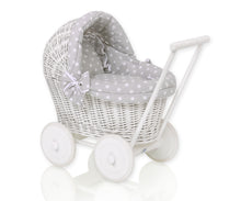 Load image into Gallery viewer, Firm Grey Polka White Wicker dolls pram