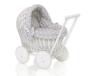 Firm Grey Polka White Wicker dolls pram