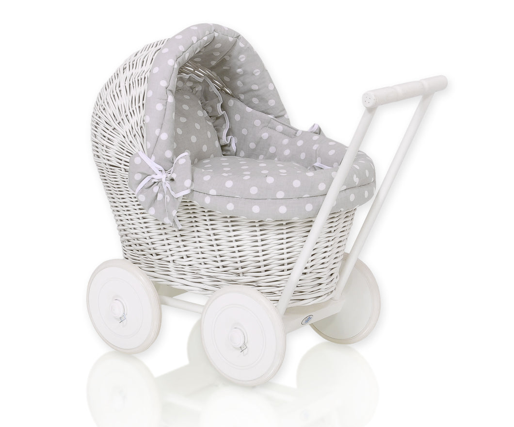 Firm Grey Polka White Wicker dolls pram