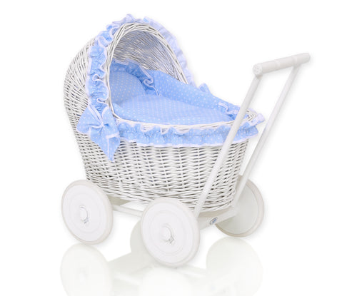 Blue Polka Frill White Wicker dolls pram