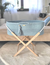 Load image into Gallery viewer, Misty Blue Crochet Moses Basket with stand